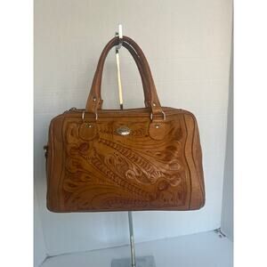 American West Hand Tooled Stained Brown Leather Floral Design Satchel Handbag